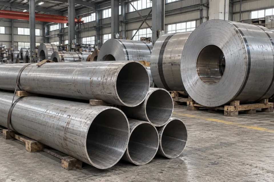 Steel tubes and coils in a workshop