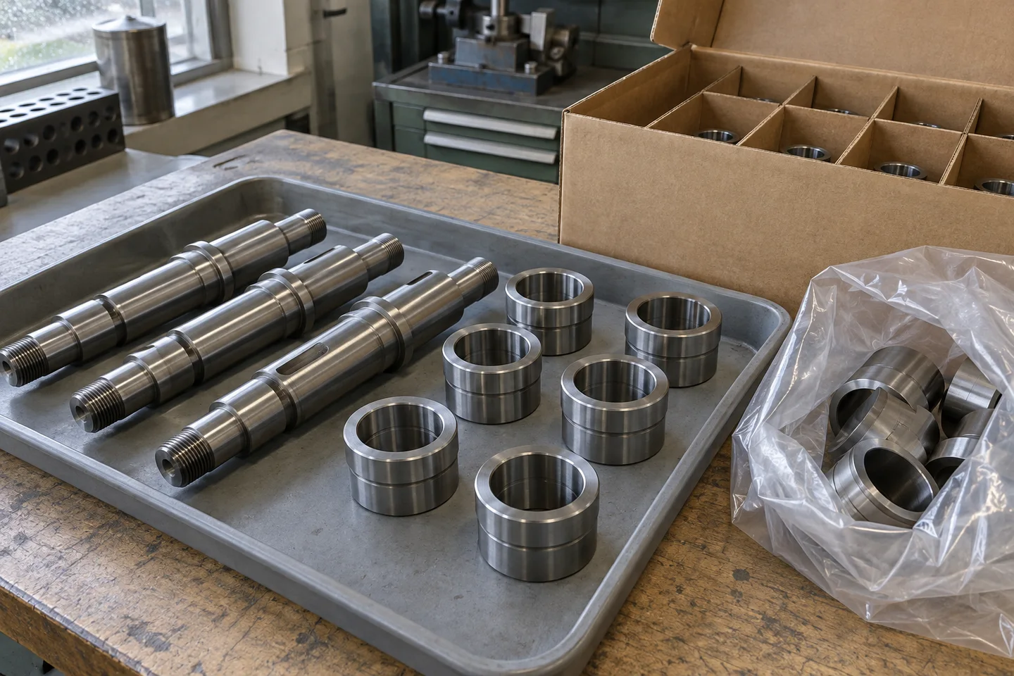 Machined steel shafts and bushings at a packaging bench