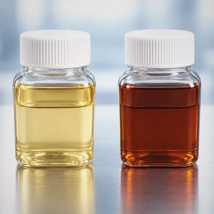 KG-2 (deep brown) and KG-3 (light yellow) rust preventive oil sample bottles